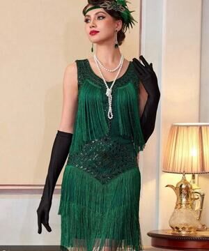 Flapper Dress 1920s Gatsby Green Gold Sequin Fringe Sz L #102